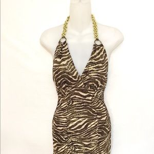 Olinda tiger print dress with beaded halter.